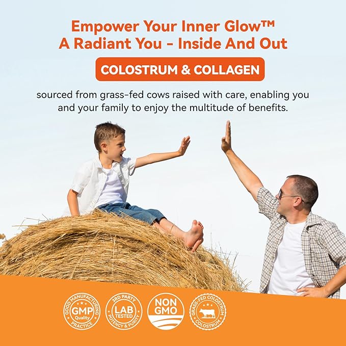 Bovine Colostrum & Collagen Powder for Gut Health, Immune Support, Hair Growth & Beauty Supplement, Sugar Free – IgG, Probiotics, Vitamin B12, C, D3 – Orange Flavor, 30 Servings