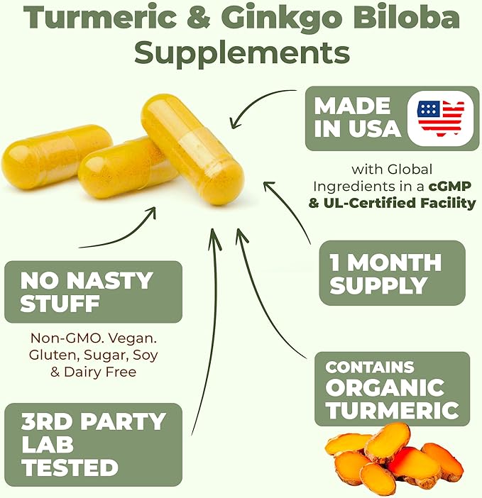 Turmeric Curcumin with Black Pepper and Ginkgo Biloba supplements. Natural Turmeric Supplement with Organic Tumeric to aid Joint Health, Brain Clarity, Focus, Memory, and Concentration. Vegan. 60 Caps
