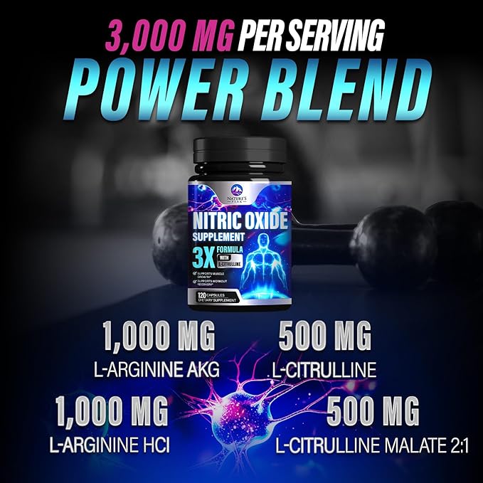 Nitric Oxide Supplement 3000mg L Arginine 3X Strength - Citrulline Malate & AKG - Extra Strength Muscle Supporting Nitric Booster for Muscle Growth & Workout Recovery to Train Harder - 120 Capsules