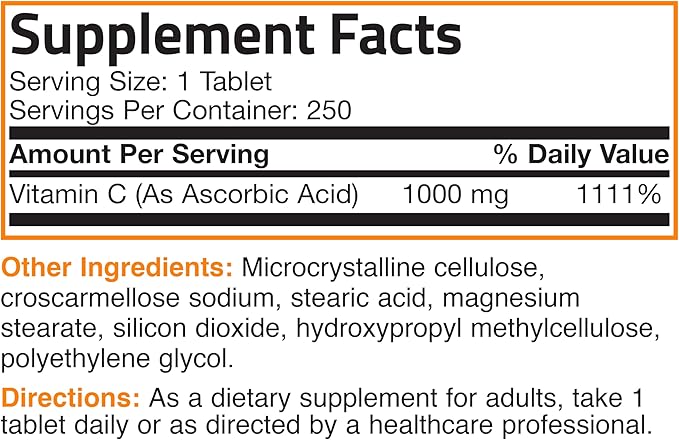Bronson Vitamin C 1000mg Premium Non-GMO Ascorbic Acid Tablets, 250 Count