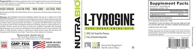 NutraBio L-Tyrosine Supplement, 150g – Help Support Athletic Performance and Wellness