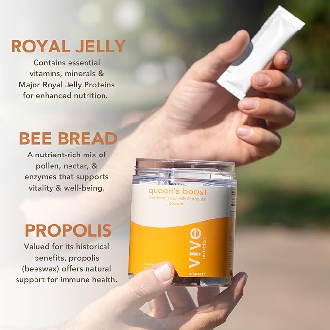 Queen's Boost - Sugar-Free Bee Bread, Royal Jelly & Propolis Powder with Vitamin C - Non-GMO, Immune and Energy Support- 30 Individual Sachets per Pack, 30-Day Supply