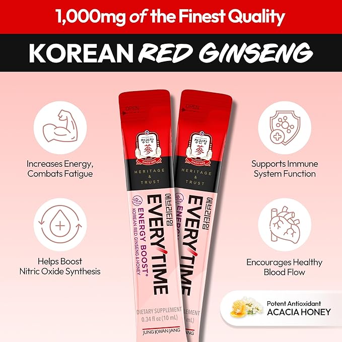 Everytime Energy Boost Korean Red Ginseng Extract 1,000mg & Honey - Vegan Ginseng Energy Drink Liquid Stick Supplements - Builds Stamina & Immunity No Caffeine (30 Sticks, 0.34 fl oz)