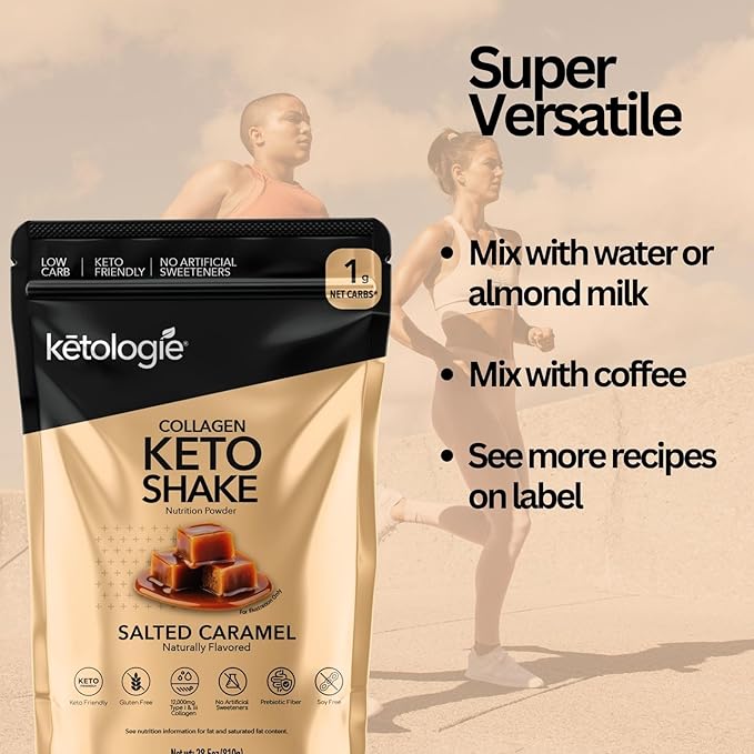 Keto Collagen Shake (Salted Caramel) - with Coconut Oil, Prebiotics, Grass Fed Hydrolyzed Collagen Peptides Type I & III, Low Carb, Gluten Free,1.78lbs. (810g)