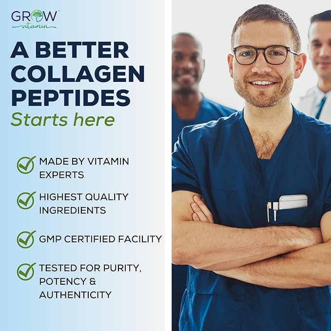 grow vitamin Collagen Peptides Powder, Grass Fed Bovine Collagen Powder Type I & III, Promotes Hair, Nail, Skin Health and Beauty, Supports Bone and Joint Health, Unflavored, 20 OZ, 56 Servings