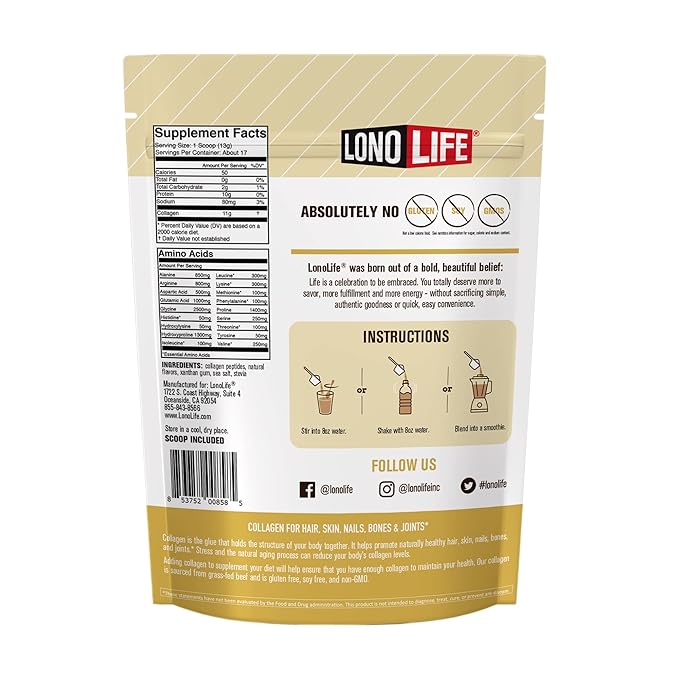 LonoLife - Vanilla Flavored Collagen Peptides with 10g Protein, Paleo and Keto Friendly, 8-Ounce Container - Packaging May Vary