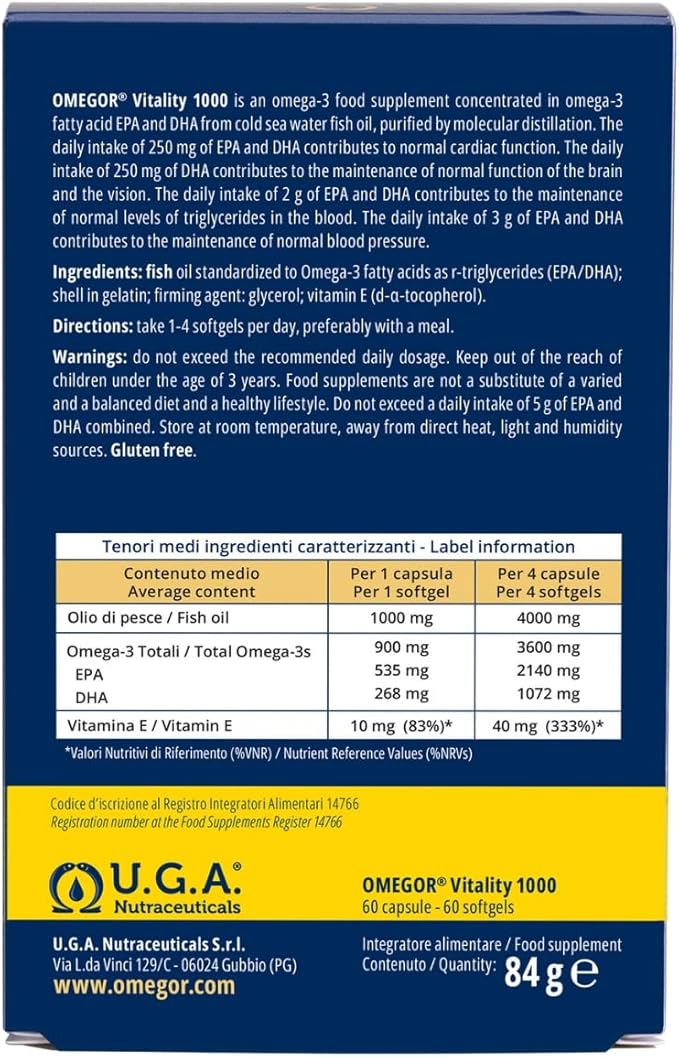 OMEGOR Omega 3 Fish Oil Supplement IFOS Certified Vitality 1000 with 800mg EPA and DHA per Capsule - No Fishy Aftertaste, Non-GMO (60 Softgels)