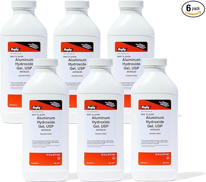 Rugby 320 mg Aluminum Hydroxide Gel, USP - Antacid Liquid - Upset Stomach, Acid Indigestion, and Heartburn Relief - Sugar-Free - Mint Flavored - 16 Fl. Oz. (6 Pack)