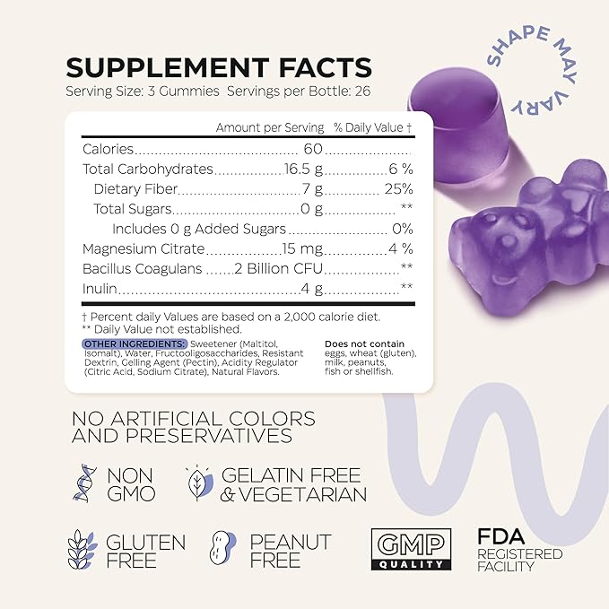 High Prebiotic Fiber Gummies for Women and Men 7G per Serving - Dietary Beet FOS Fiber, Magnesium Citrate, Inulin, Probiotic - Gummy Supplement for Digestive Health - No GMO, Sugar Free - 160 pcs