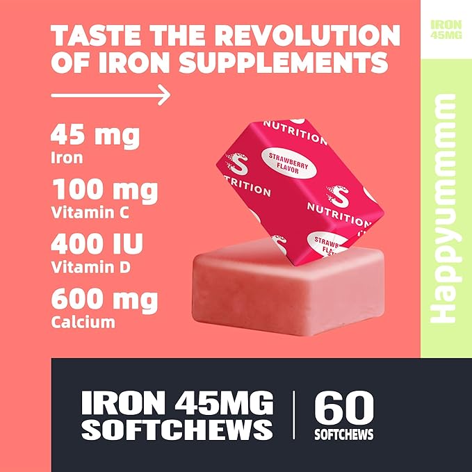 Iron Soft Chews Supplement with Vitamin C | Strawberry Flavored | Gluten Free | Iron Supplement for Women Men and Kids | 60 Count | 2 Month Supply