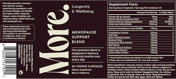 More. Longevity & Wellbeing Menopause Support – Potent Extract-Based Formula for Night Sweats, hot Flashes, and Balance. Hormone Free. No fillers. Third-Party Tested. 60 Capsules.