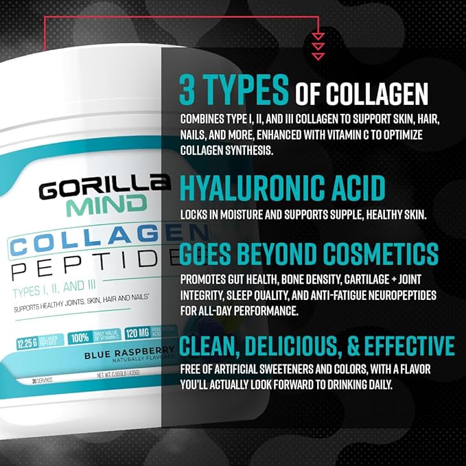 Gorilla Mind Collagen Peptides Powder - Joint & Bone Health/Great for Hair, Skin & Nails/Sleep Support/Types I, II, III/Mix in Water, Juice or a Smoothie - 426g (Mixed Berry)