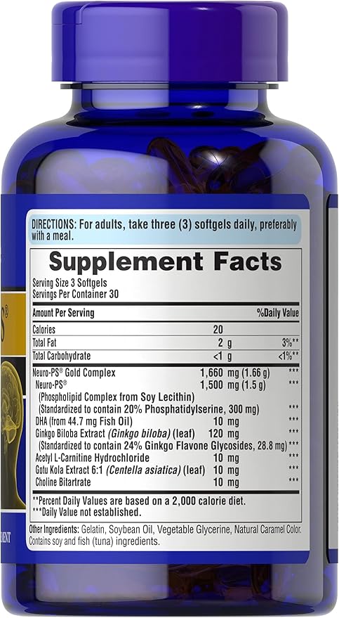 Puritan's Pride Neuro-PS® Gold Plus Neuro-Serine™ with Gingko Biloba and DHA, Advanced Dietary Supplement for Brain Function, Health, and Memory Support, 1 Month Supply, 90 Rapid Release Softgels