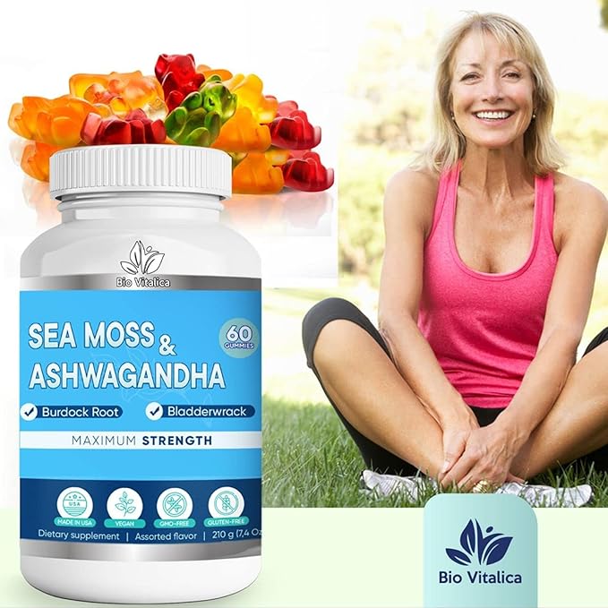 BIO VITALICA Sea Moss Ashwagandha Gummies - Organic Irish Seamoss & Ashwa Root Powder Supplements for Supporting Energy & Immunity for Men and Women - 4 Packs