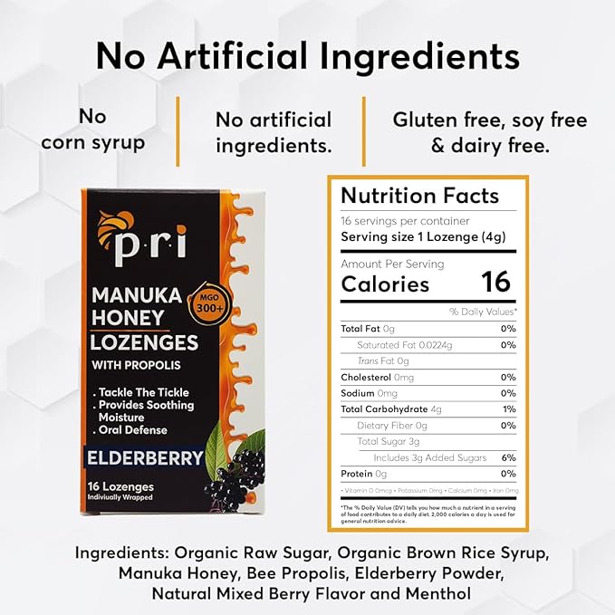 P.R.I Manuka Honey Lozenges with Propolis, Soothing Cough and Throat Drops, MGO 300+ Certified (Elderberry, 16 Count/2 Pack)