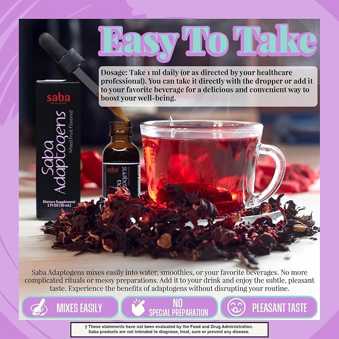 Saba Adaptogens - Super Concentrated - Eleuthero, Ginger, Rhodiola, Ginseng, Mushroom, Ginko, Acai - Supports Immune Response, Mood, Mental Performance & Fatigue -30 Servings