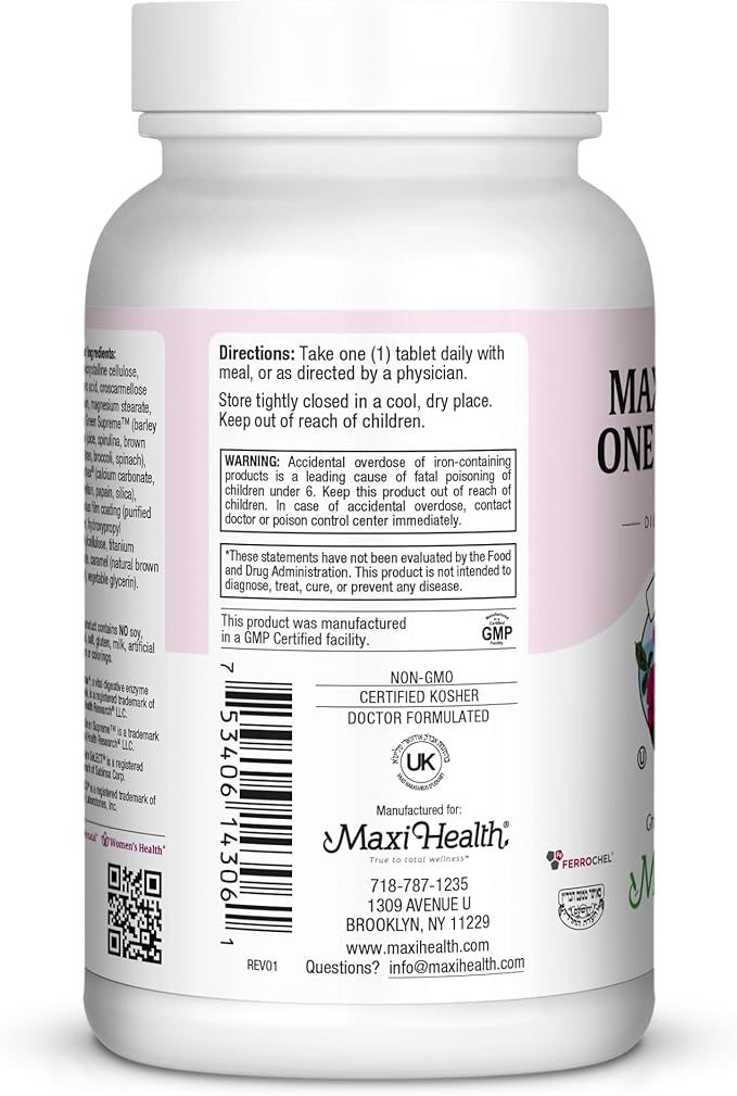 Maxi Health One Prenatal - Womens Prenatal Vitamins with Iron - Enhanced Absorption & Bioavailability - Daily Multivitamin for Women - Multi Vitamin & Mineral Supplement for Adults - 60 Tablets