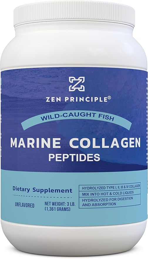Zen Principle Marine Collagen Peptides Powder 3 lb. Wild-Caught Fish, Non-GMO. Supports Healthy Skin, Hair, Joints, and Bones. Hydrolyzed Type 1 & 3 Protein. Amino Acids, Unflavored, Easy to Mix.