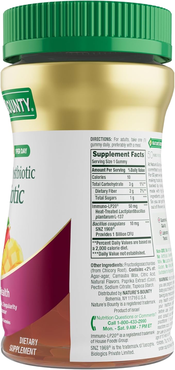 Nature’s Bounty Pre + Pro + Postbiotic Gummies for Digestive Health, Immune Support - Probiotic Gummies for Gut Health, Tropical Mango Flavor, 30 Ct