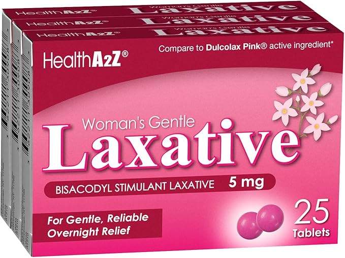 HealthA2Z® Woman's Gentle Laxative | Bisacodyl Stimulant Laxative 5mg | Constipation Relief | Gentle and Reliable | Overnight Relief (3 Pack x 25 tablest Each (75 Total))