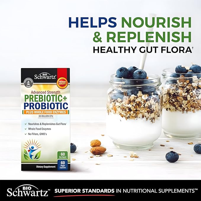 BioSchwartz Prebiotics and Probiotics for Men & Women, Gut Health with Lactobacillus Reuteri, Inulin Prebiotic Fiber, Digestive Enzymes, Non-GMO, Gluten-Free, Dairy-Free, Shelf-Stable, 60 CT