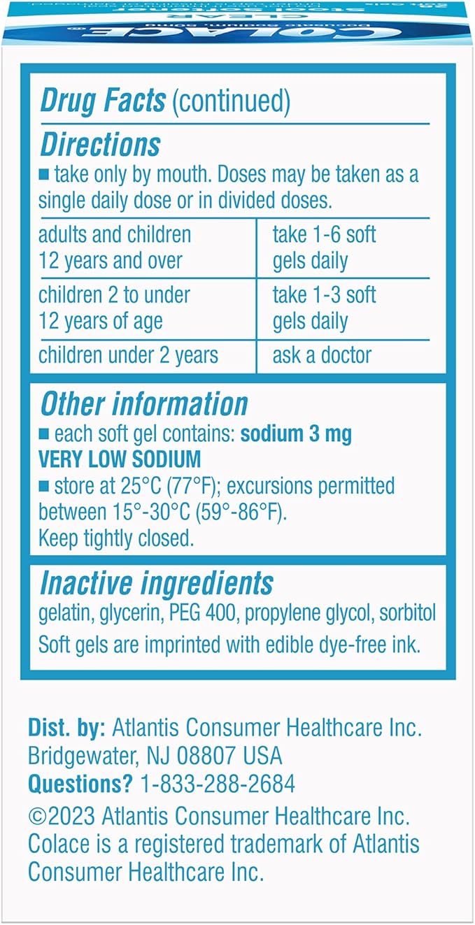 Colace Clear Stool Softener Soft Gel Capsules Constipation Relief 50mg Docusate Sodium Doctor Recommended 28ct