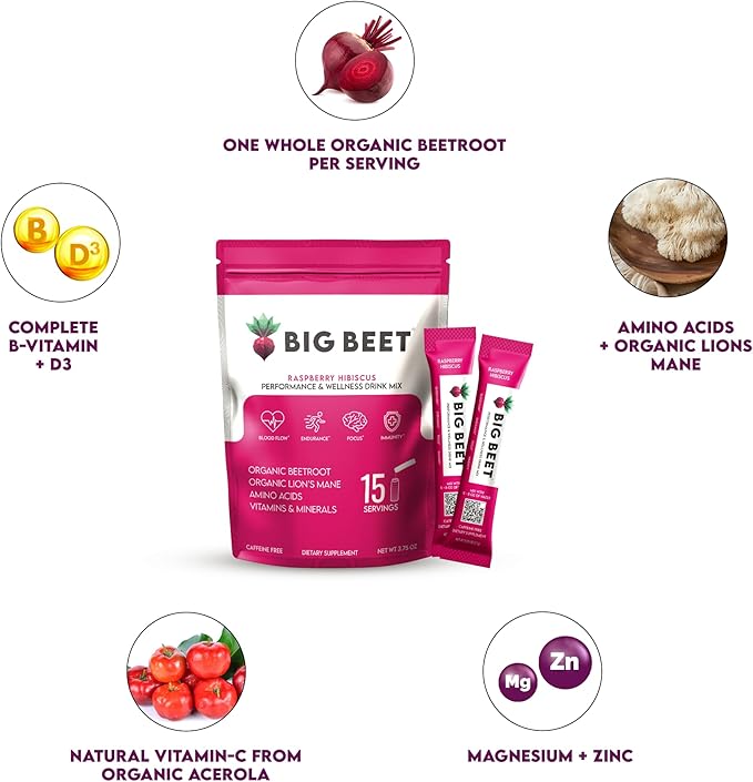 Performance & Wellness Drink Mix | Raspberry Hibiscus | Organic Superfoods | Organic Nootropics | Vitamins & Minerals | Zero Added Sugar | 15 ct.