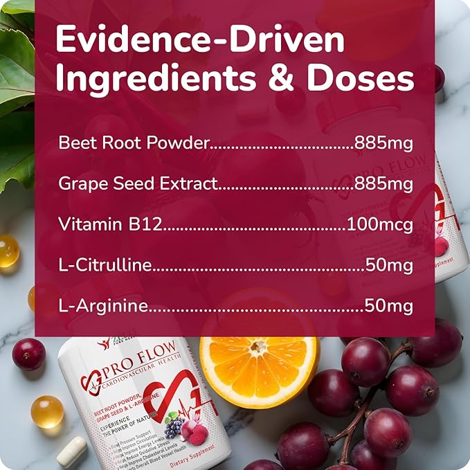 Pro Flow Circulation Support Supplement – 90 Beet Root Capsules with Grape Seed Extract, L-Arginine, Vitamins B12, beet root extract capsules, Blood Circulation Supplement - 90 Capsules