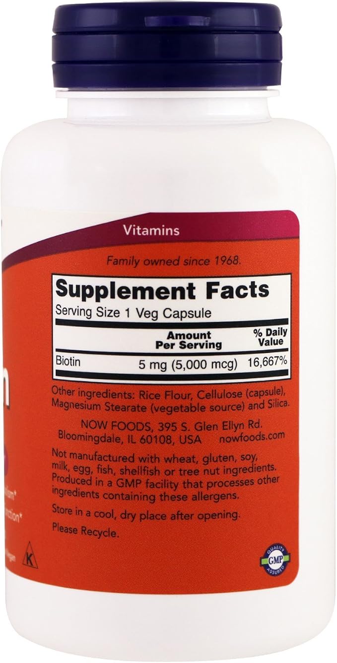 NOW Biotin 5,000 mcg - 120 VCaps (Pack of 2 Bottles)