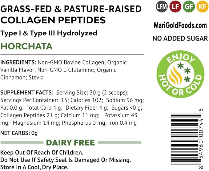 MariGold Grass-fed Collagen Peptides Protein - Horchata 1LB - 100% Pure, Type I & III Hydrolyzed Bovine Collagen, Non-GMO, Hormone Free, Dairy Free, Keto-Friendly, Healthy Joints and Skin