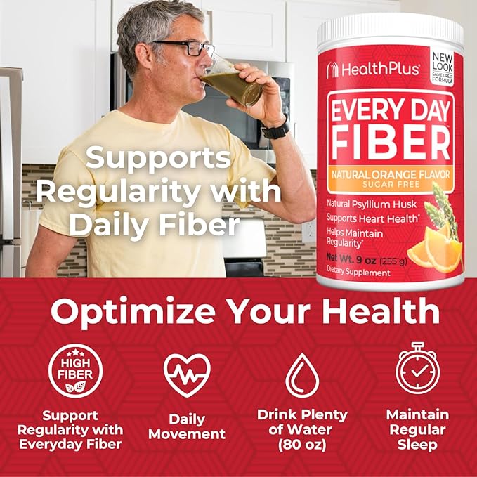 Health Plus Every Day Fiber Digestive Support | No Artificial Flavors | Daily Fiber for Toxin Elimination To Reduce Bloating | Psyllium Husk | Orange Flavor | 9 Ounces, 36 Servings.
