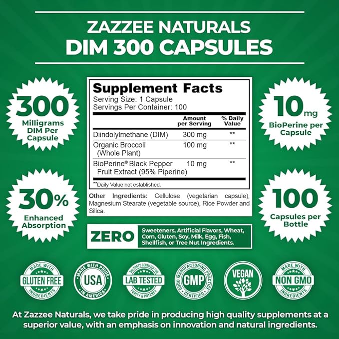 Zazzee DIM 300 mg Per Capsule, 100 Count, Plus 10 mg BioPerine, Estrogen Balance, Hormonal Acne, Menopause Support, Hormonal Balance, Diindolylmethane, Vegan, All-Natural, Non-GMO, Made in The USA