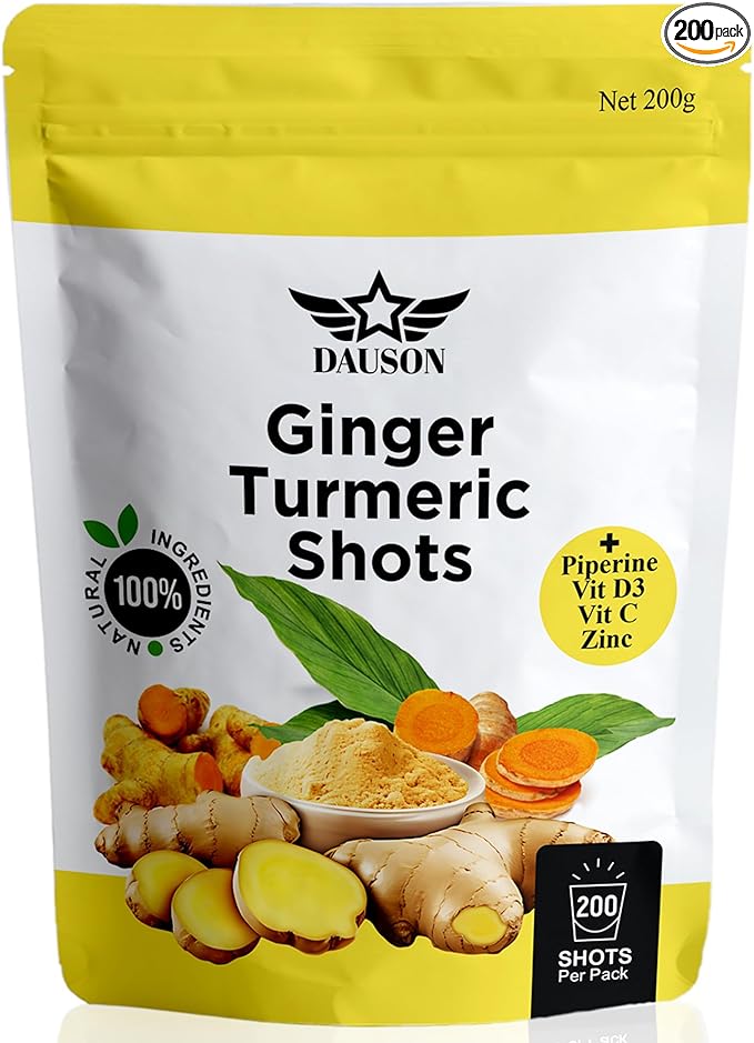 Ginger Shots with Turmeric, Piperine, Vitamins, Zinc & Orange | High Bioavailability Supplement for Joint, Heart, Brain, Gut & Skin | Curcumin Immune Support | 200 Shots