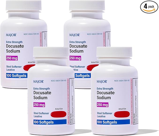 MAJOR Docusate Sodium 250 mg - Extra Strength Stool Softener Laxative Softgels for Constipation Relief - Gentle Stool Softeners for Women, Men, and Kids Ages 12+ - 100 Softgels (4 Pack)