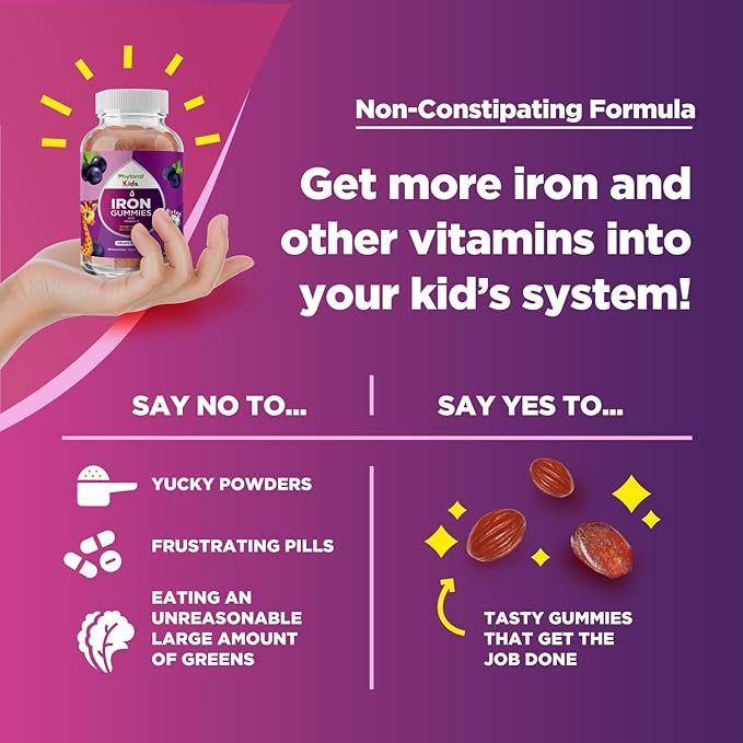 Kids Iron Gummies with Vitamin C - Blood Builder Iron Supplements for Kids with Gentle for Stronger Immunity & Energy Support - Vitamin B6, B12, A, Niacin & Folate Gummies - Vegan & GMO - 60 Count