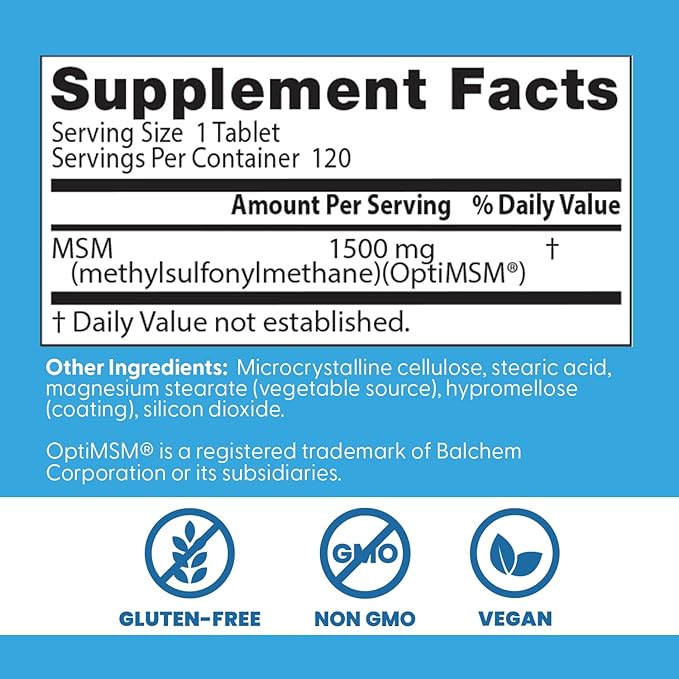 Doctors Best MSM, Supports Hair, Skin, Nails, & Joints, Non-GMO, Gluten Free, Vegan 120 Tablets