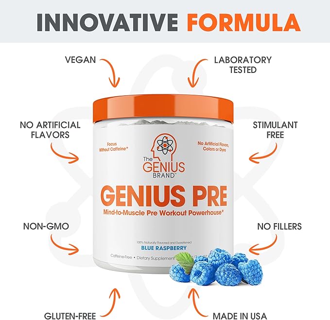 Genius Pre Caffeine-Free Pre Workout Boosted Energy, Focus, Performance Nootropic Formula AlphaSize, Citrulline Malate, CarnoSyn Beta Alanine Endurance, Stamina, Recovery, 20 Servings - Blue Raspberry
