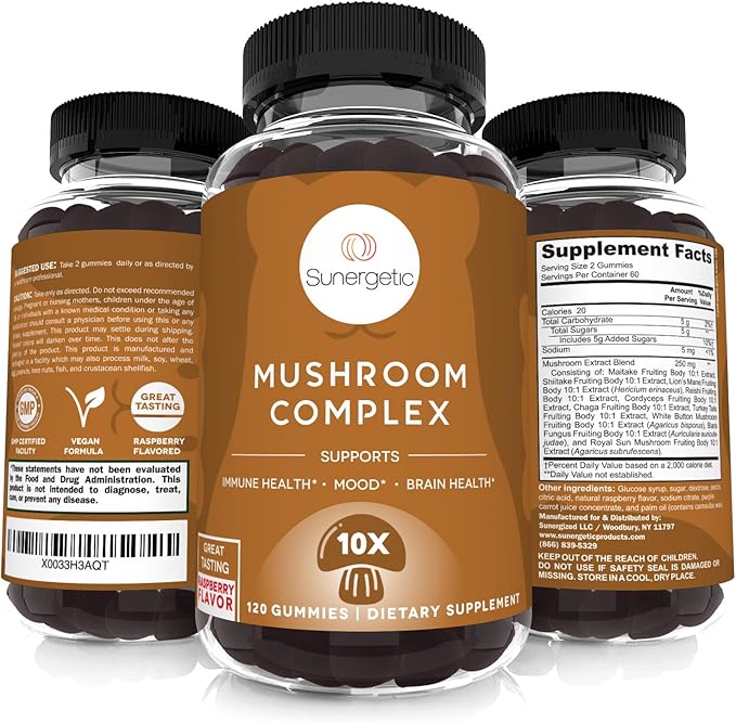 Sunergetic Premium Mushroom Gummies Supplement -for Immune Health, Brain, Mood & Stress Support - Mushroom Blend with Lions Mane, Chaga Extract, Reishi, Turkey Tail, Cordyceps (120 Gummies)