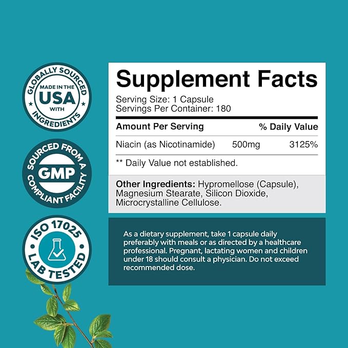Vitamin B3 Niacinamide 500mg Capsules - Mitochondrial Energy and Potent Skin Supplement - AKA Vitamin B3 Niacin 500mg Flush Free and Nicotinamide 500mg - Flush Free Niacin Supplement - 180 Count