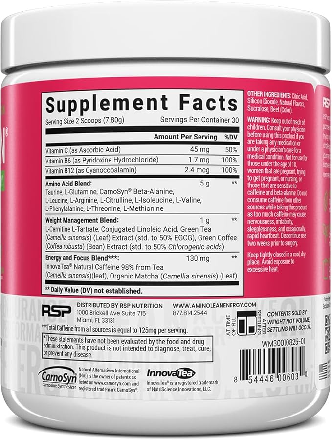 RSP Nutrition AminoLean Pre Workout Powder, Amino Energy & Weight Management with BCAA Amino Acids & Natural Caffeine, Preworkout Boost for Men & Women, 30 Serv
