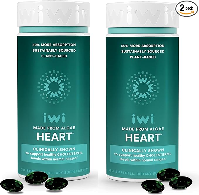 Iwi Life Heart Omega-3, 120 Softgels (60 Servings), Vegan Plant-Based Algae Omega Fatty Acids + EPA, Heart Health Support Dietary Supplement, Krill & Fish Oil Alternative, No Fishy Aftertaste