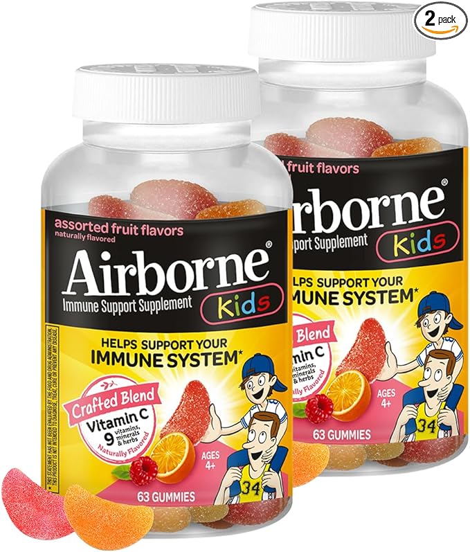 Airborne Kids 500mg Vitamin C Gummies, Kids Immune Support Zinc Gummies with Powerful Antioxidants VIT C & E - 63 Gummies, Assorted Fruit Flavor (Pack of 2)