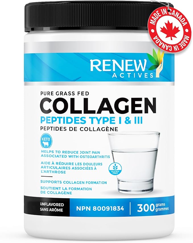 Renew Actives Hydrolyzed Collagen Peptides Powder 10G per Serving – Premium Grass-Fed Collagen for Skin, Joints & Hair – 9.4g Protein – Supports Collagen Formation & Muscle Recovery – Made in Canada