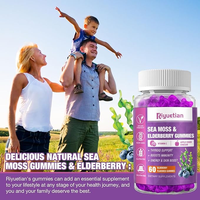 Sea Moss Gummies & Elderberry - Vitamin C + Zinc – Strength Immune & Thyroid Support Booster Gummy Bears for Kids & Adults - 60 Natural Seamoss Gummies