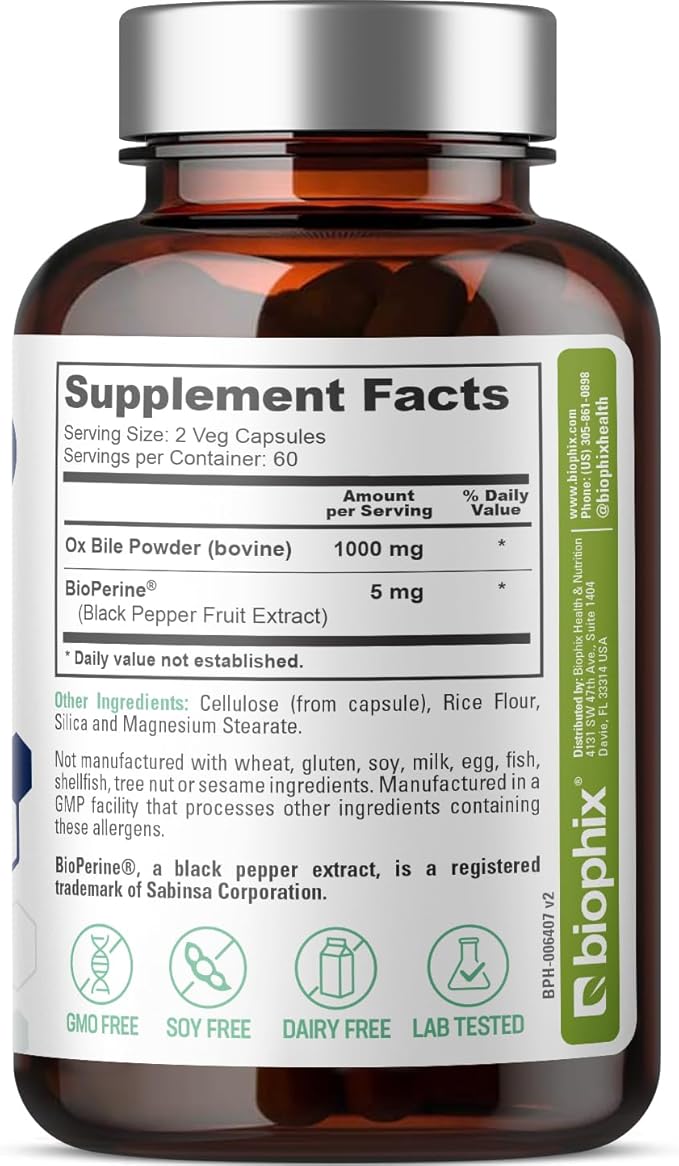 biophix Ox Bile 1000 mg with BioPerine 120 Veggie Capsules - High Absorption Digestive Enzymes Supplement - Liver Metabolic GI Fat Metabolism Support