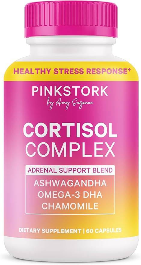 Pink Stork Cortisol Complex - Organic Ashwagandha, Omega 3 DHA, Saffron - Mood Balance, Stress Management, Energy Levels for Women - 60 Count