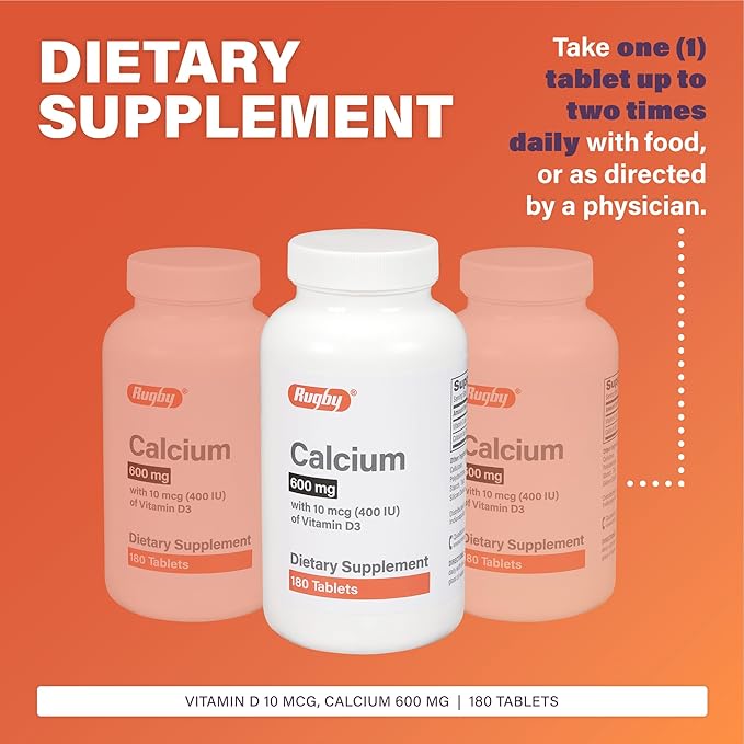 Rugby 600mg Calcium Tablets - Made with 10mcg (400IU) of Vitamin D3 - Dietary Supplement - 180 Count (2 Pack)