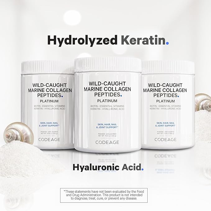 Codeage Marine Collagen Protein Powder Supplement Platinum - Biotin 10,000 mcg, Vitamin C, D3 & B6, Keratin, Hyaluronic Acid, Niacin, Wild Caught Hydrolyzed Fish Collagen Peptides - Non-GMO - 11.50 oz
