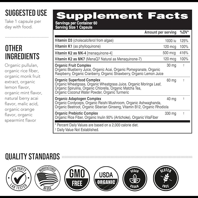 Total K2® | Vitamin K2 as MK7 & MK4 | Plus K1 & Vitamin D3 Cofactor - 620 mcg K2 per Serving - All-Trans MK7 from MenaQ7® - Full-Spectrum Vitamin K - Vegan, Organic Certified (60 Capsules)