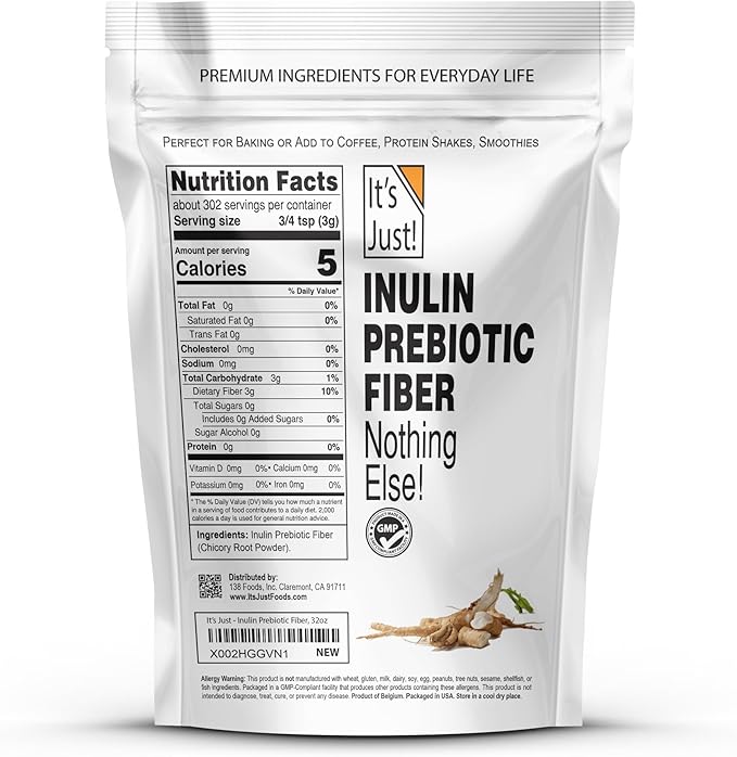 It's Just! - Inulin Prebiotic Fiber, Water Soluble, Chicory Root Powder, Promotes Gut Health, Made in USA, Proudct of Belgium, Vegan/Keto Friendly